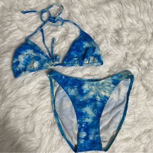 Vintage Y2K exhilaration Hi-cut Tie Dyed Blue Triangle bikini size 7/8